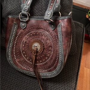 Elegant Brown and Gray Studded Shoulder Bag